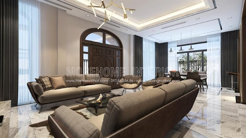 Thiết kế nội thất phòng khách hiện đại, tối giản đi những đường nét chi tiết mà tập trung vào công năng sử dụng, mang lại không gian tiếp khách trẻ trung, năng động mà sang trọng thiết kế biệt thự