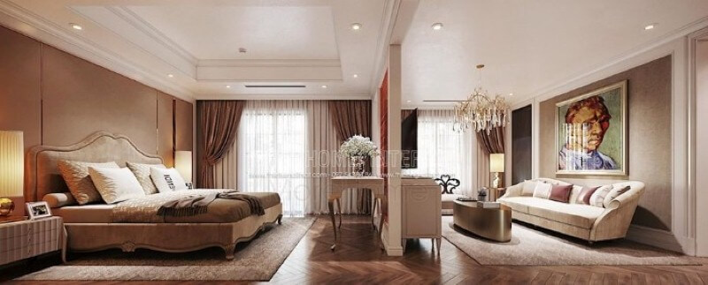 Trang trí nội thất phòng ngủ master ấn tượng với sự phân tách thành phòng ngủ và phòng giải trí nhưng vẫn tạo nên sự thông thoáng, sang trọng. thiết kế biệt thự