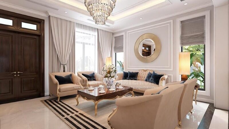 Cửa chính 2 cánh phòng khách ấn tượng với đường vân đẹp mắt cùng gam trầm độc đáo từ gỗ óc chó tự nhiên cao cấp. Thiết kế biệt thự