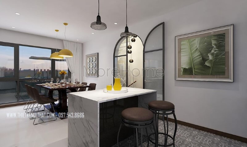 Thiết kế phòng bếp đảo kề phòng ăn mang phong cách hiện đại, đẹp, sang trọng. Thiết kế biệt thự