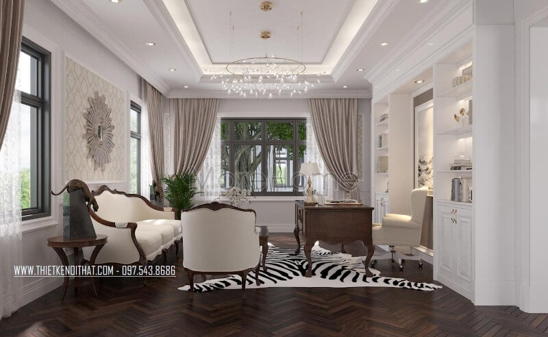Trang trí nội thất biệt thự với bộ sofa gỗ tự nhiên bọc vải màu trắng sữa cao cấp tân cổ điển thiết kế biệt thự