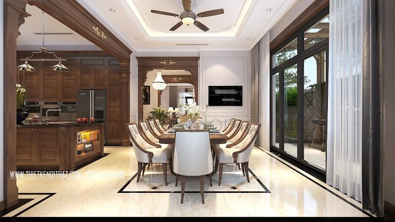Mẫu bàn ghế ăn gỗ óc chó đẹp tại biệt thự Vinhomes Greenbay Hà Nội thiết kế biệt thự