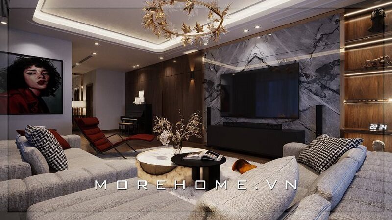 Mẫu thiết kế nội thất phòng khách cao cấp với tông màu xám chủ đạo được yêu thích tại MoreHome thiết kế biệt thự