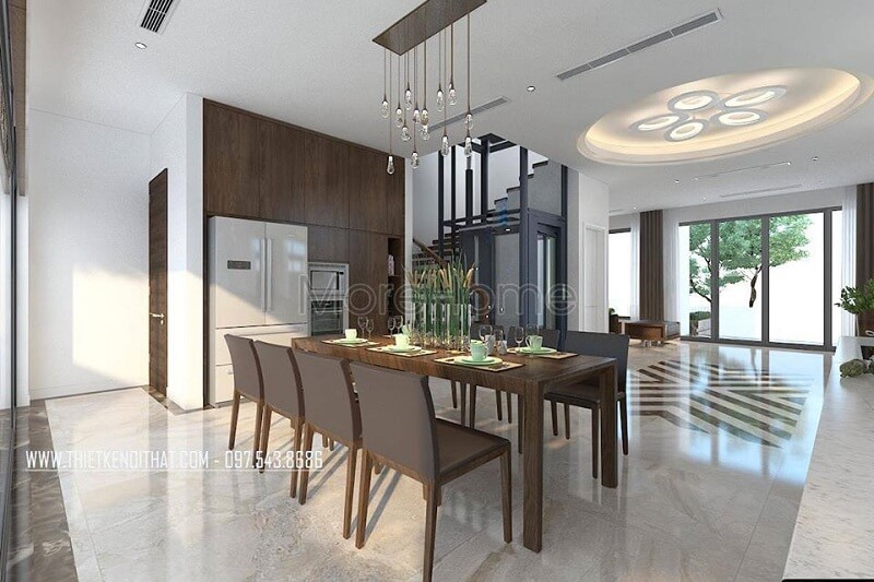 Thiết kế phòng ăn biệt thự đẳng cấp với bộ bàn ăn 8 ghế gỗ tự nhiện đẹp tạo điểm nhấn nổi bật cho không gian thiết kế biệt thự