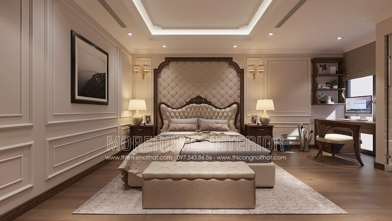 Giường ngủ gỗ óc chó kiểu dáng tân cổ điển cao cấp này được thiết kế thi công và sản xuất bởi Morehome thiết kế biệt thự