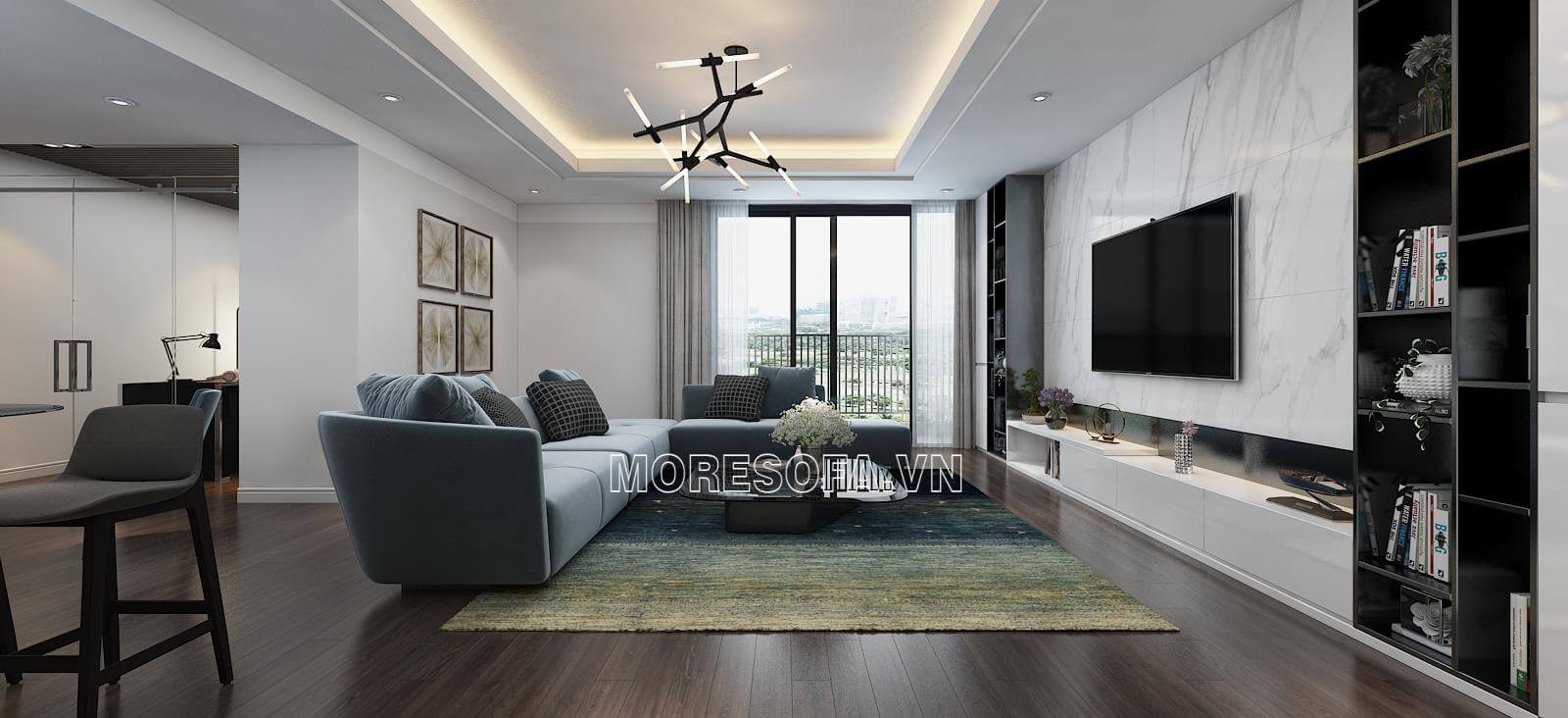 Trang trí phòng khách biệt thự đẹp với bộ sofa góc l bọc nỉ nhập khẩu thiết kế biệt thự