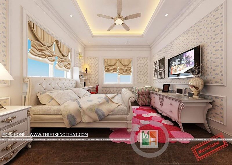 Thiết kế nội thất phòng ngủ theo phong cách tân cổ điển sang trọng kết hợp cách trang trí rèm, đèn, quạt cổ điển tạo không gian sang trọng, quý phái thiết kế biệt thự