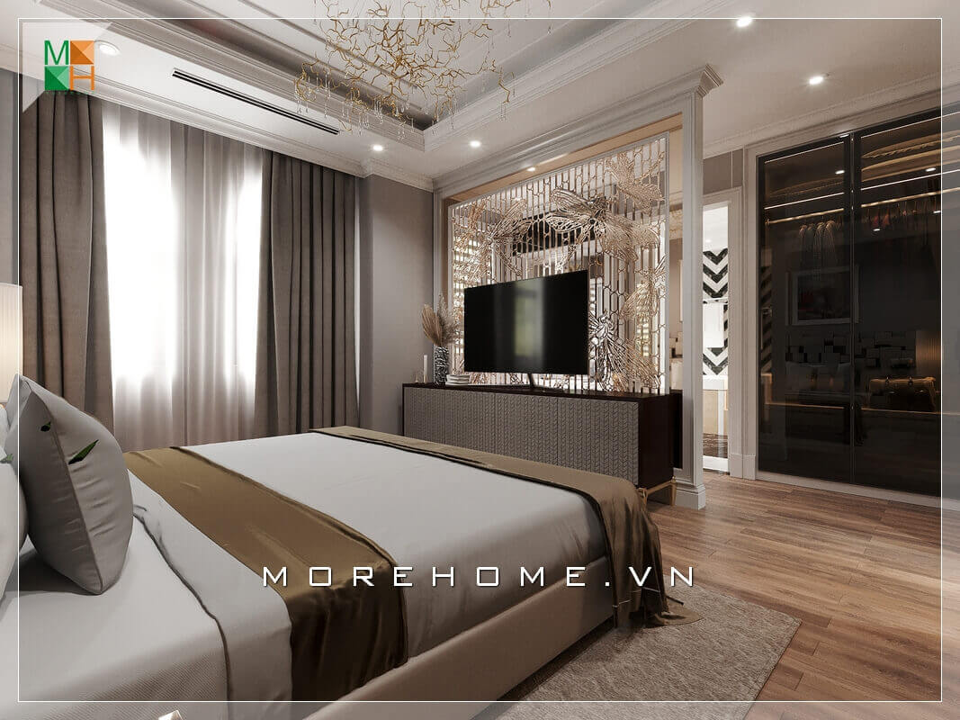Vẻ đẹp sang trọng của mẫu phòng ngủ thể hiện ở việc lựa chọn những cái đèn sắc vàng, đèn chùm treo tường đầy sức lôi cuốn và tinh tế. thiết kế biệt thự