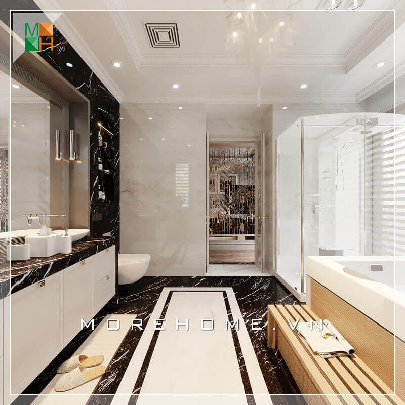 Thiết kế nội thất phòng tắm biệt thự, nhà phố sáng tạo, sử dụng gạch ốp tường và gạch lát sàn màu sắc hài hòa tạo nên một không gian phòng tắm cảm giác thêm rộng và sang trọng. thiết kế biệt thự