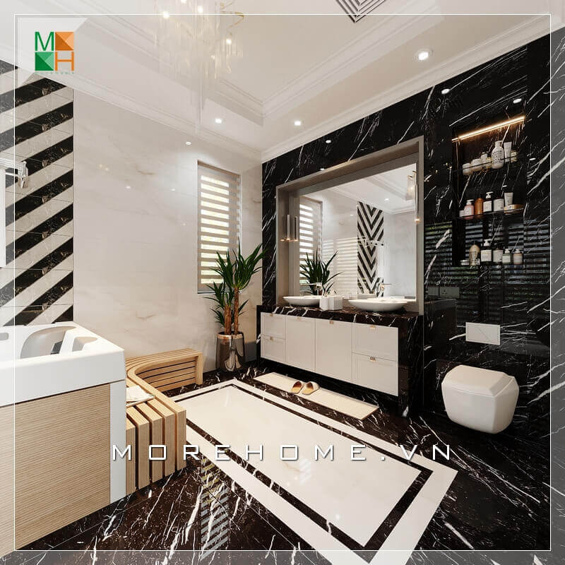 Mẫu thiết kế phòng tắm tiện nghi, hiện đại đầy đủ tiện nghi dành cho biệt thự. Sử dụng tone màu chủ đạo là trắng đen. Thiết kế bục gỗ buồng tắm thông minh và sáng tạo cộng thêm một cái gương soi to hiện đại giúp căn phòng tắm trở nên tiện nghi và sang trọng hơn. thiết kế biệt thự