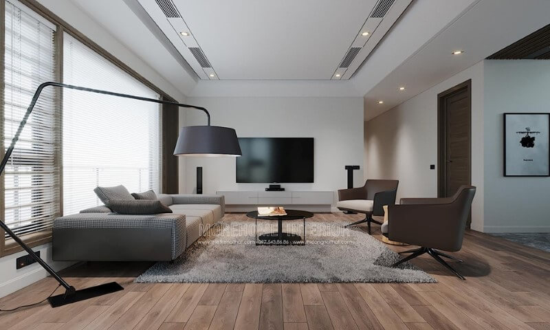 Lựa chọn tông màu trắng cho thiết kế phòng khách hiện đại trở lên thoáng rộng và hút mắt hơn thiết kế biệt thự