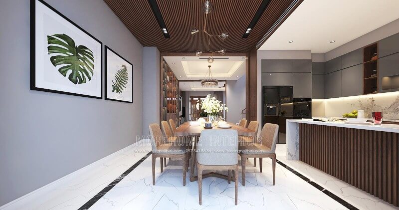 Thiết kế nội thất phòng ăn liền bếp hiện đại đẹp sang trọng cho nhà phố, biệt thự tại Vinh, Nghệ An. Thiết kế biệt thự