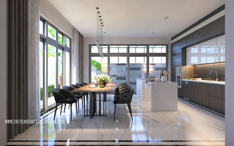 Bố trí nội thất phòng ăn liền bếp hiện đại, đẹp cho biệt thự, nhà phố. Thiết kế biệt thự
