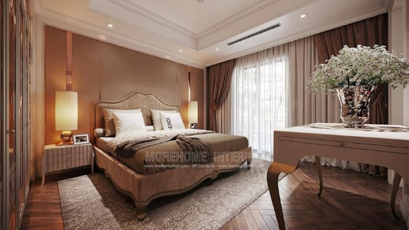 Giường bọc nệm phong cách tân cổ điển đẹp, sang trọng cho phòng ngủ master cao cấp. thiết kế biệt thự