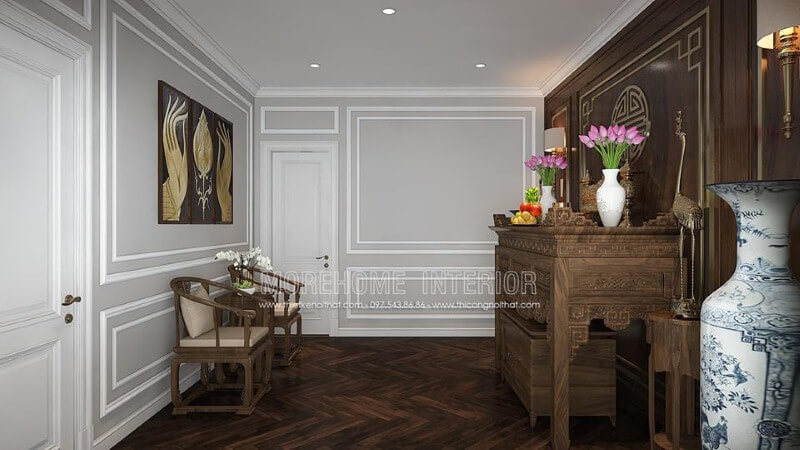 Bố trí nội thất phòng thờ đẹp, trang trọng hợp phong thủy từ nội thất gỗ óc chó cao cấp. thiết kế biệt thự
