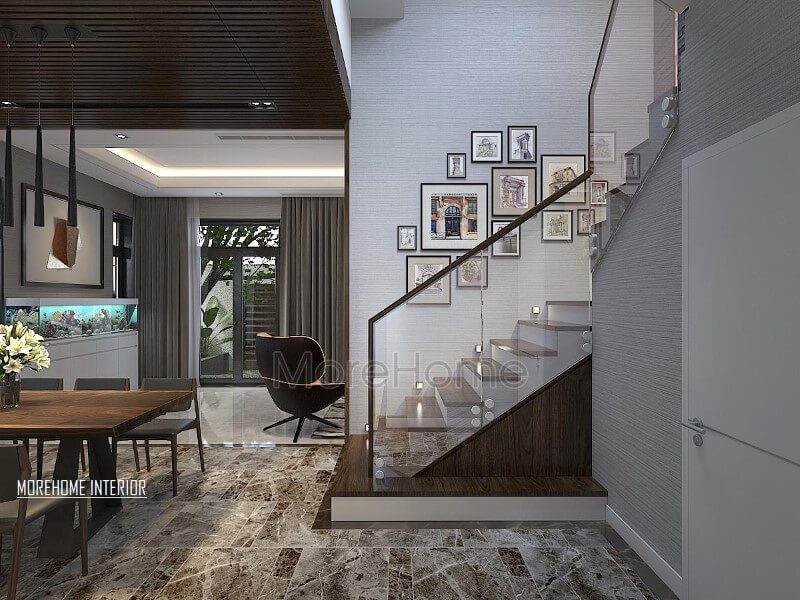 Cầu thang kính mặt bậc gỗ hiện đại đẹp tại biệt thự Xuân Phương. thiết kế biệt thự