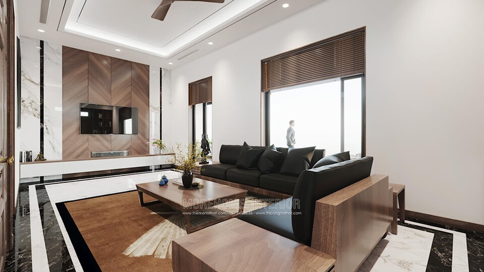 Trang trí phòng khách biệt thự với bộ sofa gỗ óc chó cao cấp thiết kế biệt thự