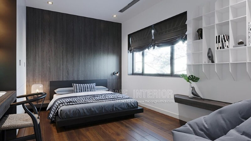Khối gỗ ốp tường độc đáo với đường vân đẹp mắt cùng gỗ tối màu tạo nên vẻ đẹp cuốn hút trong cách trang trí phòng ngủ hiện đại. thiết kế biệt thự