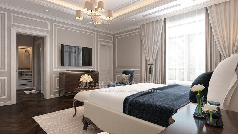 Sắp xếp nội thất phòng ngủ tân cổ điển có tủ quần áo đối diện giường ngủ khoa học, phong thủy. thiết kế biệt thự