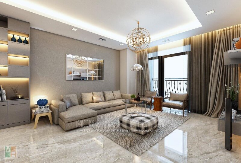 Sofa góc L bọc nỉ màu ghi cùng tone với đồ nội thất trong phòng, tạo cảm giác hài hòa Thiết kế biệt thự