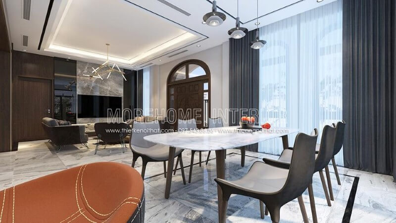 Thiết kế nội thất phòng ăn biệt thự hiện đại liền kề với khu vực phòng khách tạo cho gia chủ thuận tiện hơn trong quá trình dùng bữa cũng như tiếp khách tới chơi nhà thiết kế biệt thự