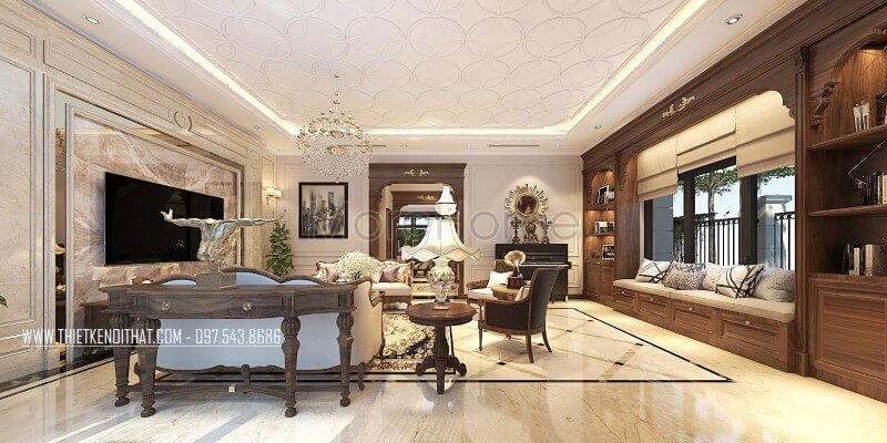 Sản phẩm kệ trang trí gỗ óc chó phong cách tân cổ điển đẹp tại phòng khách biệt thự Vinhomes Greenbay Hà Nội thiết kế biệt thự