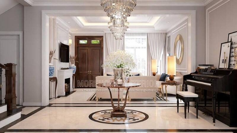 Trang trí nội thất phòng khách tân cổ điển có đàn piano đẹp, sang trọng tại biệt thự Palm Garden. thiết kế biệt thự