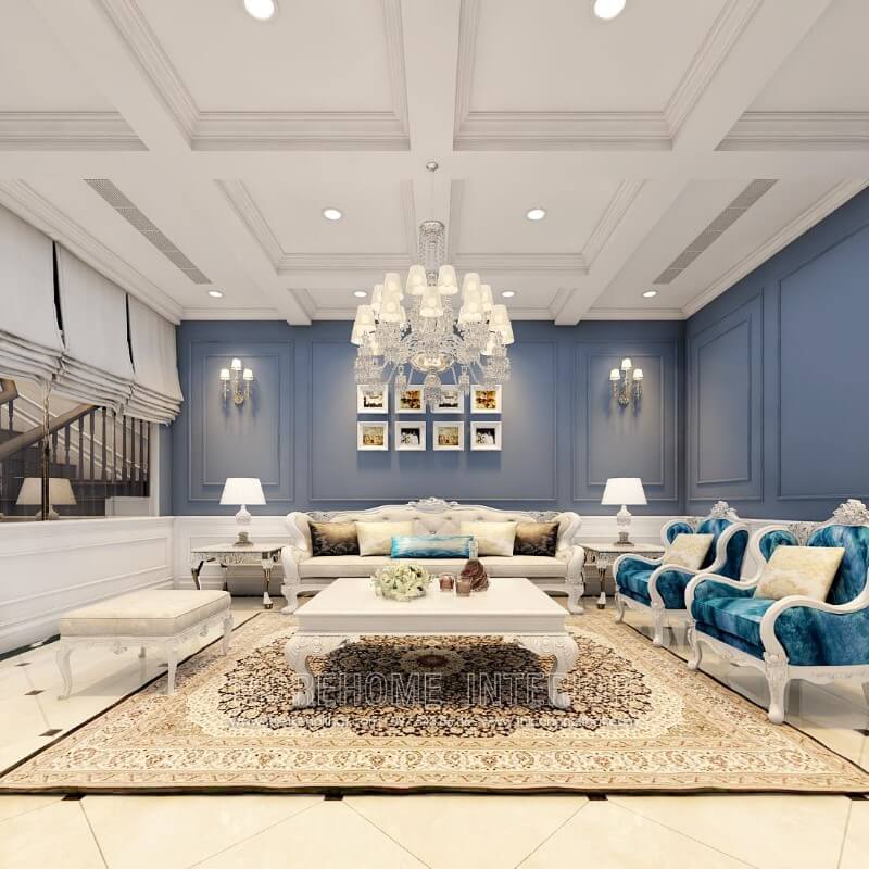 Moresofa gợi ý mẫu Sofa tân cổ điển đẹp với các chi tiết chạm trổ cầu kỳ cùng 2 màu xanh và trắng tạo cảm giác nhẹ nhàng, sáng sủa cho phòng khách thiết kế biệt thự