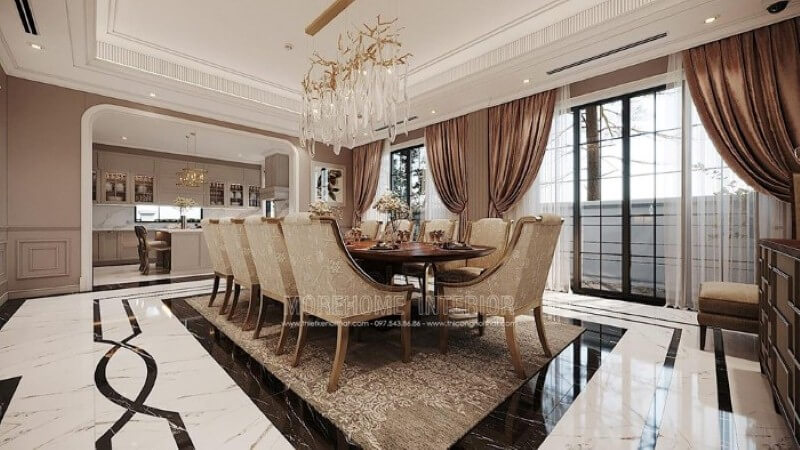 Thảm trải sàn hoa văn đẹp, sang trọng lựa chọn tinh tế cho không gian phòng ăn đương đại nhẹ nhàng. Thiết kế biệt thự
