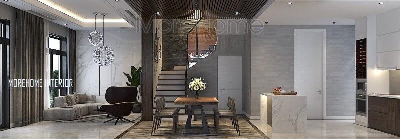 Phối cảnh bố trí hiện đại đẹp cho biệt thự nhà phố với ý tưởng thiết kế phòng khách liền bếp ăn. thiết kế biệt thự