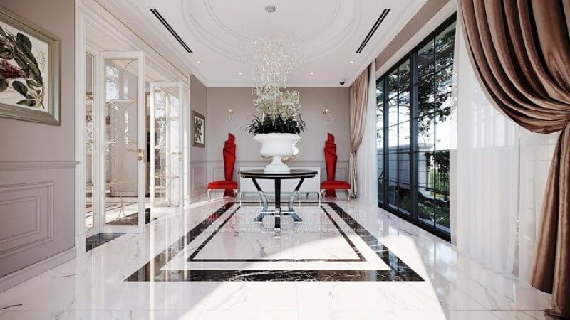 Bộ bàn ghế trang trí sảnh chờ đẹp, sang trọng độc đáo với sắc đỏ nổi bật. thiết kế biệt thự