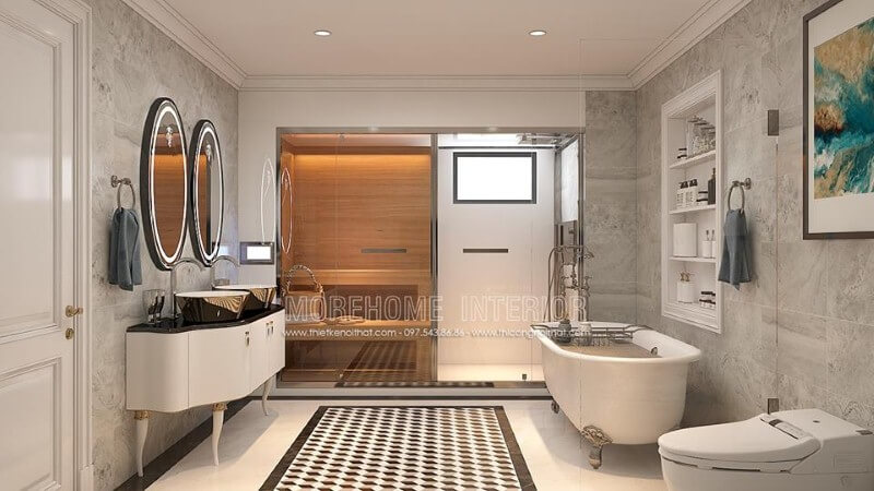 Sắp xếp nội thất phòng tắm tân cổ điển đẹp, sang trọng có phòng xông hơi, bồn tắm gia đình cao cấp. thiết kế biệt thự