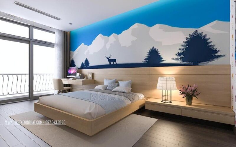 Gỗ ốp tường sáng màu kết hợp tranh dán tường thiên nhiên sinh động tạo điểm nhấn độc đáo cho phòng ngủ con thiết kế biệt thự