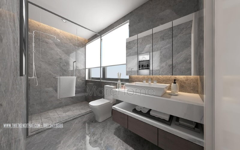 Vách tắm kính cửa trượt cùng cửa sổ lớn được bố trí trong không gian hiện đại đầy đủ tiện nghi tạo nên phòng tắm đẹp, sang trọng cho biệt thự, nhà phố. thiết kế biệt thự