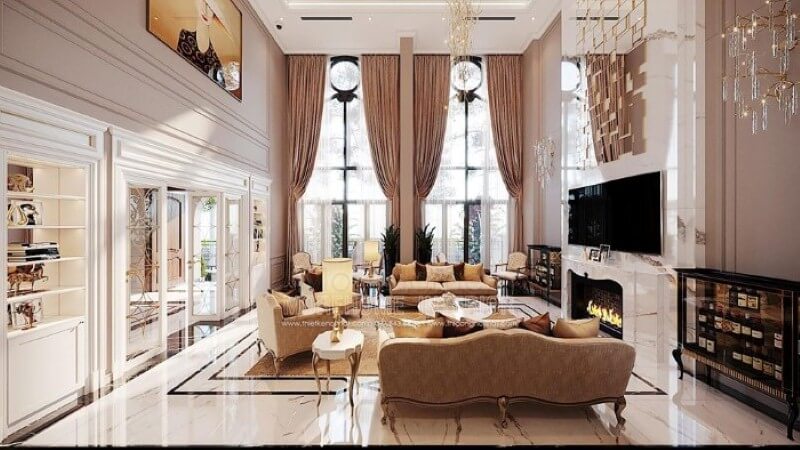 Bố trí nội thất phòng khách tân cổ điển đẹp, sang trọng tại Vinhomes Imperia Hải Phòng. thiết kế biệt thự