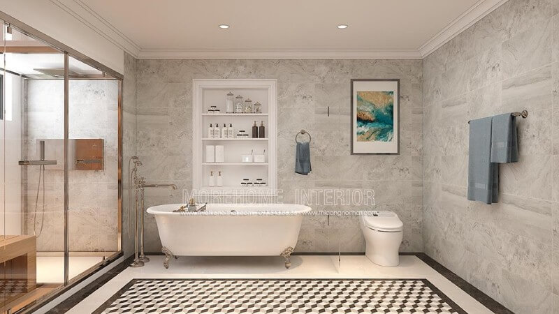 Bồn tắm độc lập Vitoria Hafele cao cấp kết hợp cùng cách sắp xếp khoa học, thẩm mỹ từ đá ốp tường, gạch lát nền giả cổ, vách tắm kính đã tạo nên không gian phòng tắm đẹp, sang trọng, độc đáo. thiết kế biệt thự