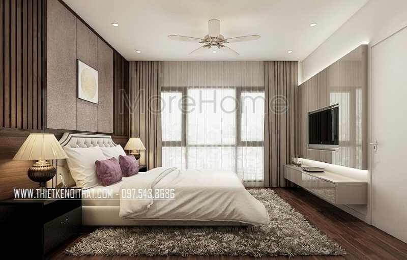 Cửa kính lớn cùng rèm 2 lớp giúp không gian luôn thông thoáng bên cạnh đó, đồ nội thất hiện đại sang trọng càng làm tăng thêm sự sang trọng, đẳng cấp cho phòng ngủ master. thiết kế biệt thự
