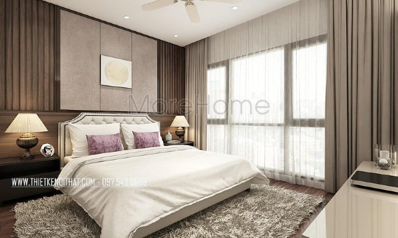 Giường ngủ bọc nệm tone sữa cùng họa tiết trang trí đẹp mắt từ các nút nệm cùng đường nét uốn lượn đầu giường tạo điểm nhấn độc đáo cho phòng ngủ master hiện đại. thiết kế biệt thự