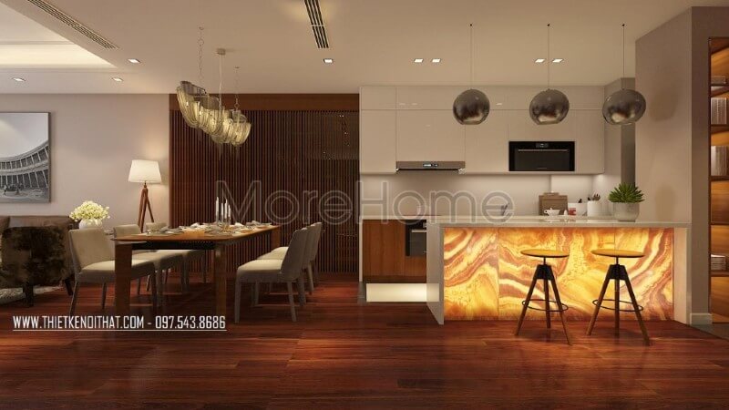 Thiết kế nội thất phòng ăn liền kề với khu vực nấu nướng mang lại sự thuận tiện hơn cho gia chủ thiết kế biệt thự