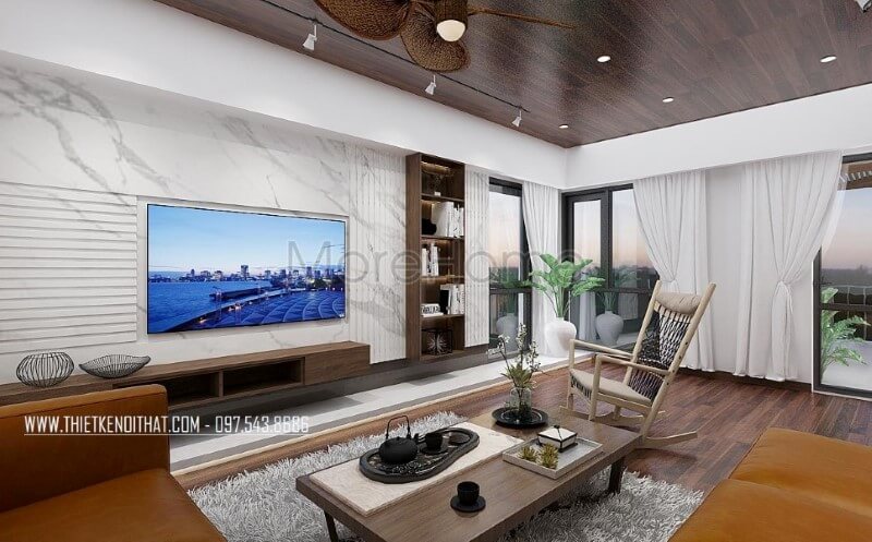 Đá ốp tường vân mây điểm nhấn ấn tượng cho phòng khách hiện đại, sang trọng. Thiết kế nội ngoại thất biệt thự Hà Nội
