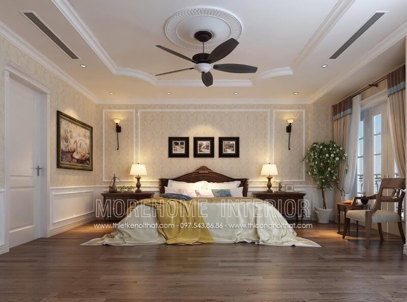 Mẫu giường ngủ gỗ óc chó tân cổ điển này được thiết kế tinh tế và sang trọng ở phần đầu giường, phần thân giường được phun sơn Alkana bóng đẹp với 4 chân cao vừa phải. thiết kế biệt thự Hà Nội