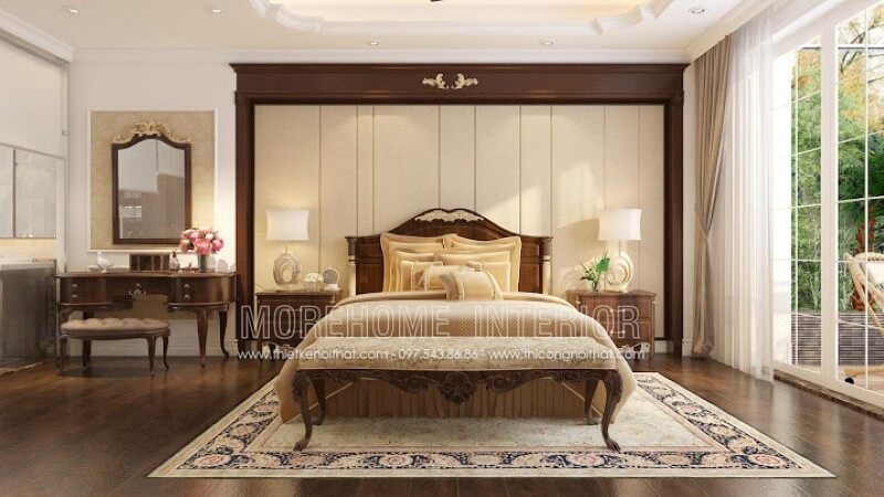 Nội thất phòng ngủ biệt thự cao cấp sang trọng với mẫu giường ngủ gỗ óc chó đẳng cấp mà tinh tế thiết kế biệt thự Hà Nội