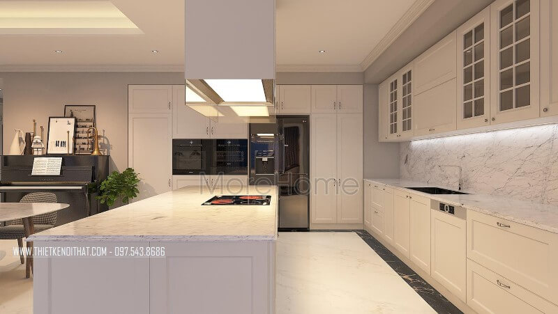 Phòng bếp được thiết kế sang trọng trong gam màu trắng tinh khôi với thiết bị bếp được lựa chọn mẫu thiết bị cao cấp nhất Thiết kế chung cư