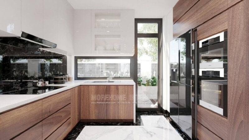 Có thể nói trong thiết kế nội thất phòng bếp đặc biệt là biệt thự, nhà phố thì mặt bếp lại càng được chú trọng, các vật liệu dần thay đổi để đạt tới sự hoàn hảo, vì thế không thể thiếu sót chất liệu đá thạch anh màu trắng kết hợp đá ốp bếp màu đen chỉ trắng vừa đẹp vừa sang như trong đây. Hiện nay, các dòng đá như đá nhân tạo LG, đá thạch anh hay đá nhân tạo LG,.. đều được Morestone thương hiệu thi công đá ốp bếp uy tín của Morehome sử dụng.
