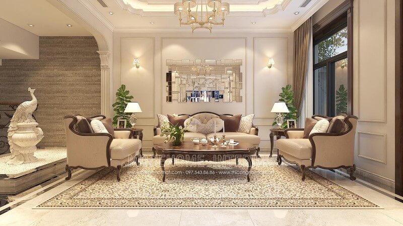 Thiết kế sofa gỗ óc chó cao cấp cho không gian biệt thự tân cổ điển. thiết kế biệt thự