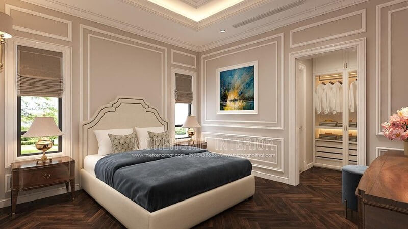 Bố trí nội thất phòng ngủ tân cổ điển có tủ quần áo đẹp, sang trọng. Thiết kế nội thất