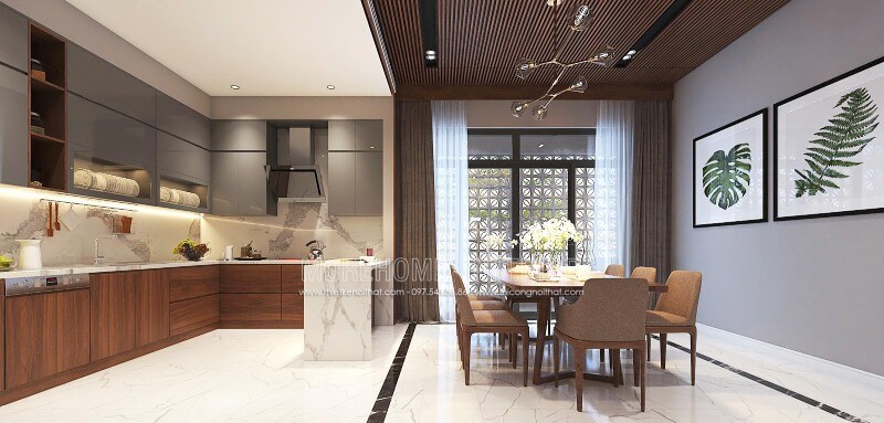 Trang trí nội thất phòng bếp liền phòng ăn đẹp, hiện đại, tinh tế cho biệt thự, nhà phố tại Vinh, Nghệ An. Thiết kế nội thất