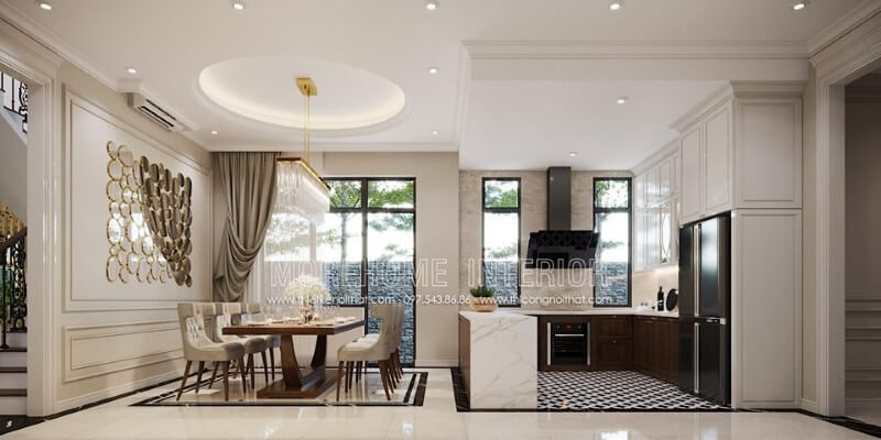 Phong cách đương đại đẹp sang trọng trong bố trí phòng ăn liền bếp. Thiết kế nội ngoại thất biệt thự Hà Tĩnh