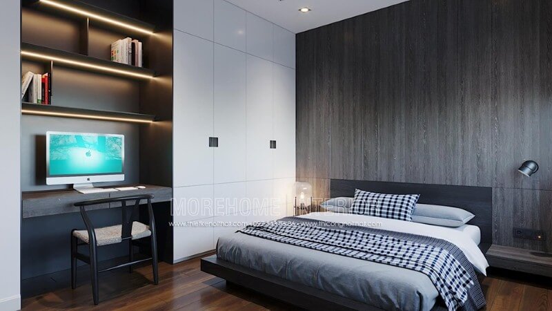 Gỗ ốp tường đẹp tạo điểm nhấn sang trọng cho phòng ngủ hiện đại. Thiết kế nội ngoại thất biệt thự Hà Tĩnh