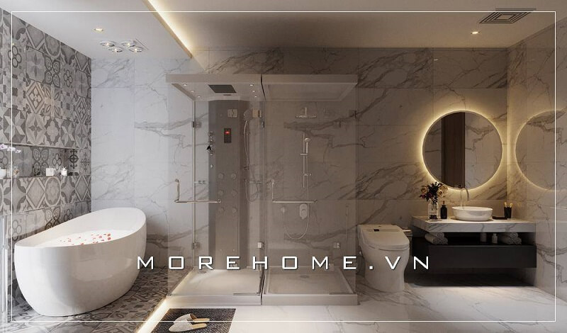 Mẫu thiết kế phòng tắm nhà biệt thự đẹp với nội thất kết hợp thiết bị vệ sinh cao cấp, sử dụng đá tự nhiên vân mây ốp tường cuốn hút mọi ánh nhìn thiết kế biệt thự